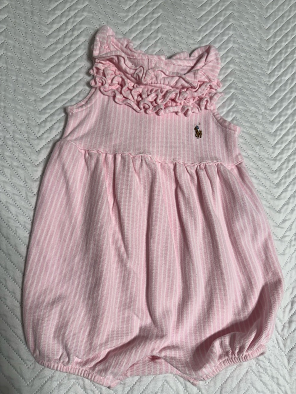 Ralph Lauren Light Pink Striped Ruffle Baby Bubble Romper